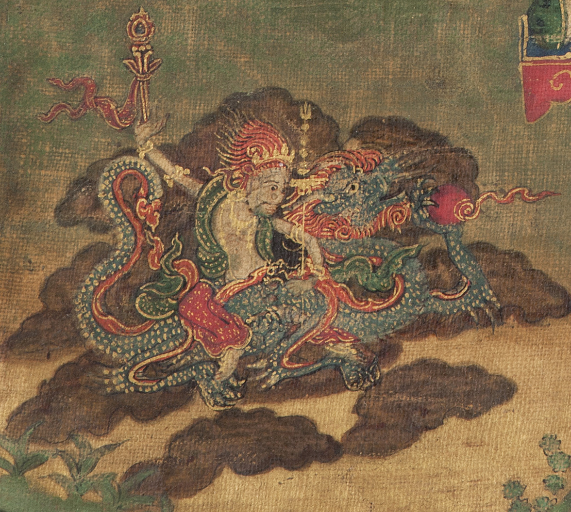 White Jambhala on a turquoise dragon Detail of Tuchen Wangdu Nyingpo, Tibet, 18th C. Rubin Museum of Art, C2001.3.5 (HAR 65011)