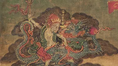 White Jambhala on a turquoise dragon, detail of Tuchen Wangdu Nyingpo, Tibet, 18th C. Rubin Museum of Art, C2001.3.5 (HAR 65011)